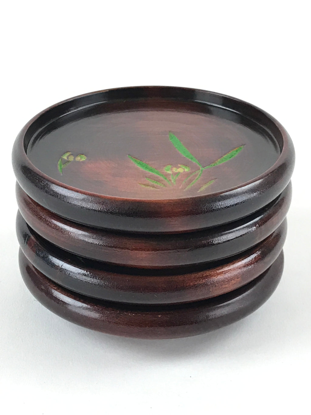 Japanese Wooden Drink Saucer 4pc Set Vtg Chataku Coaster Round Green Flower UR92