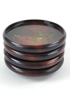 Japanese Wooden Drink Saucer 4pc Set Vtg Chataku Coaster Round Green Flower UR92