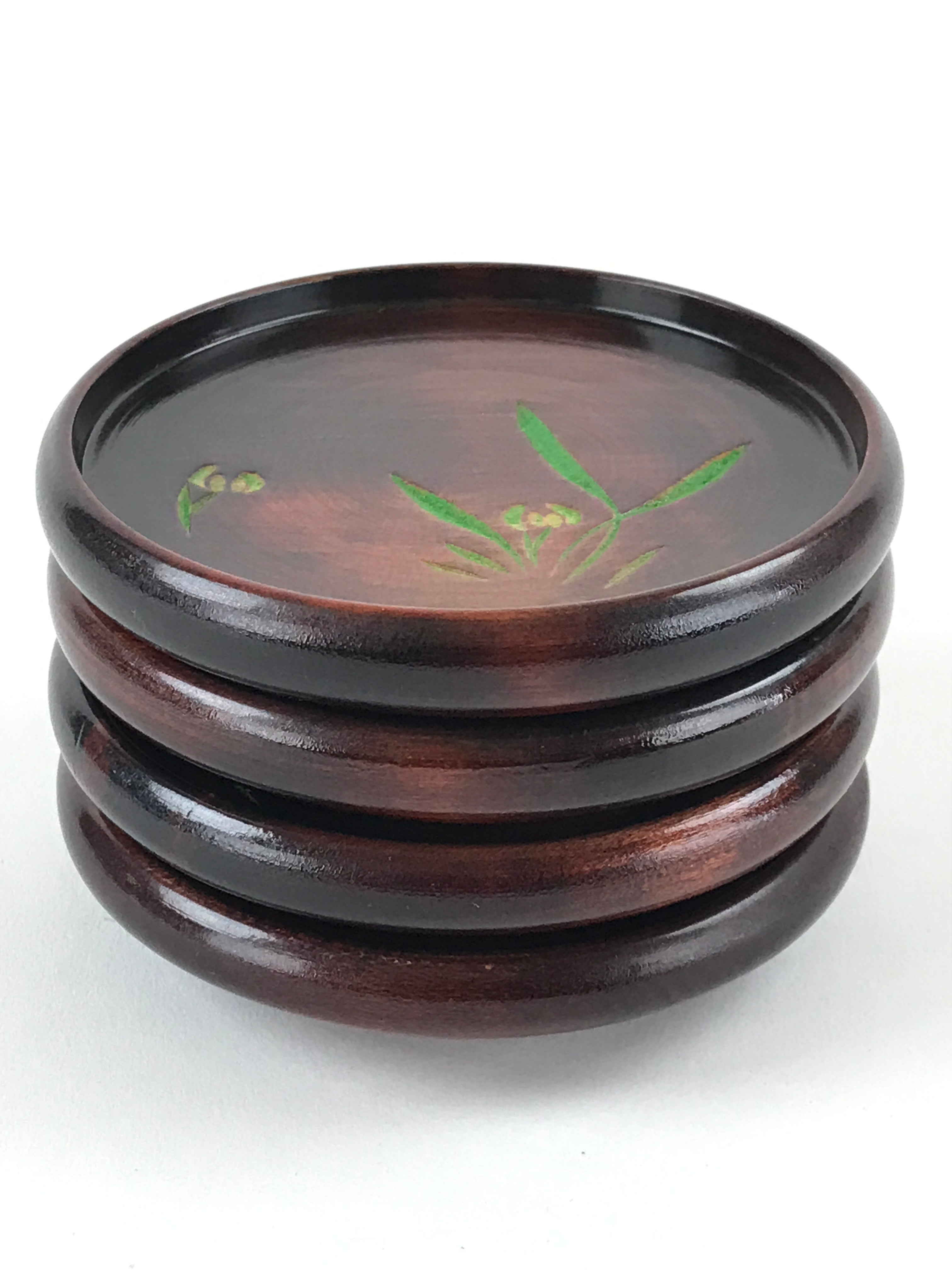 Japanese Wooden Drink Saucer 4pc Set Vtg Chataku Coaster Round Green Flower UR92