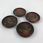 Japanese Wooden Drink Saucer 4pc Set Vtg Chataku Coaster Round Green Flower UR92