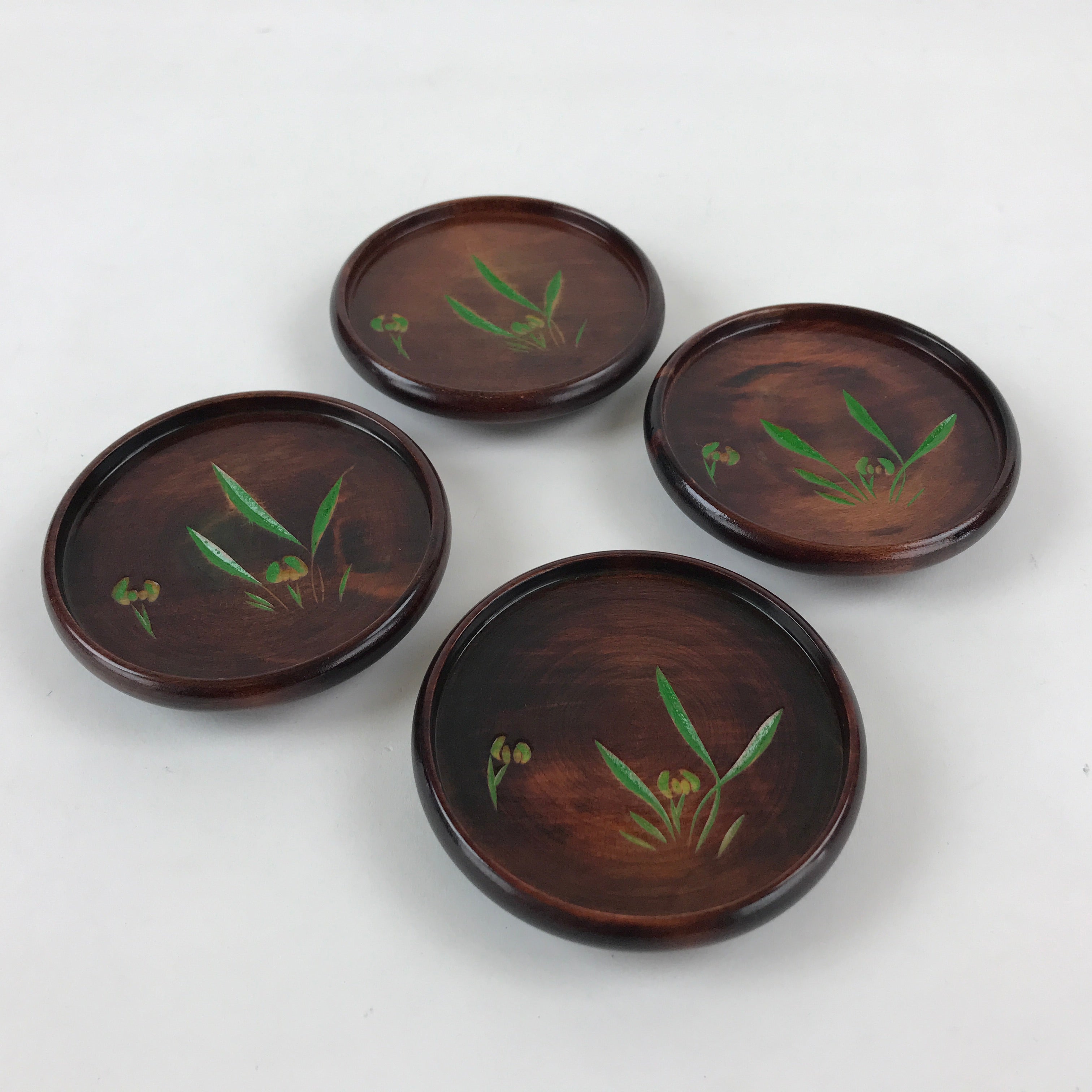 Japanese Wooden Drink Saucer 4pc Set Vtg Chataku Coaster Round Green Flower UR92