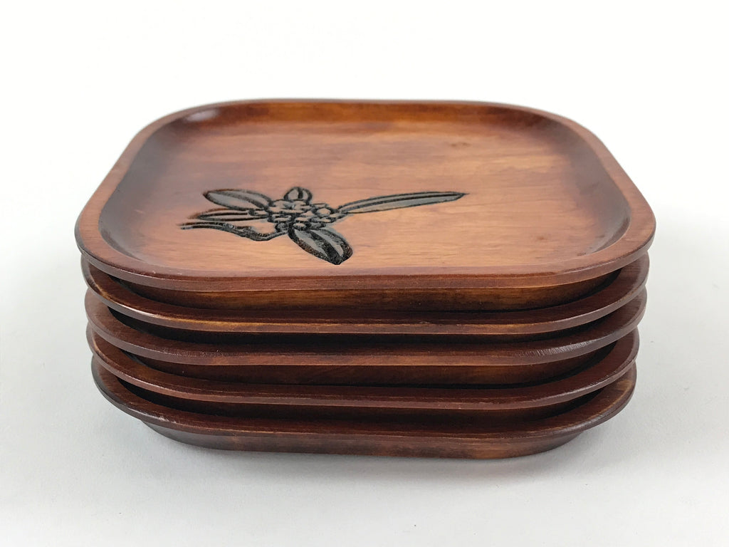 Japanese Wooden Drink Saucer 5pc Set Plate Chataku Coaster Flower Brown UR920