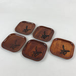 Japanese Wooden Drink Saucer 5pc Set Plate Chataku Coaster Flower Brown UR920