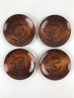 Japanese Wooden Drink Saucer 5pc Set Vtg Chataku Coaster Round Black Flower UR92