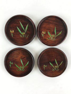 Japanese Wooden Drink Saucer 5pc Set Vtg Chataku Coaster Round Green Flower UR92