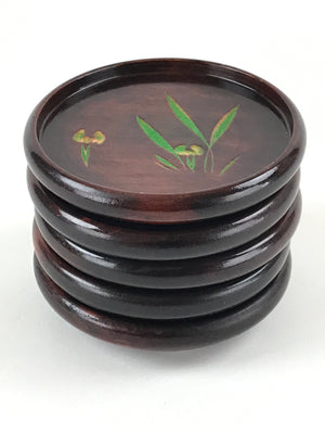 Japanese Wooden Drink Saucer 5pc Set Vtg Chataku Coaster Round Green Flower UR92