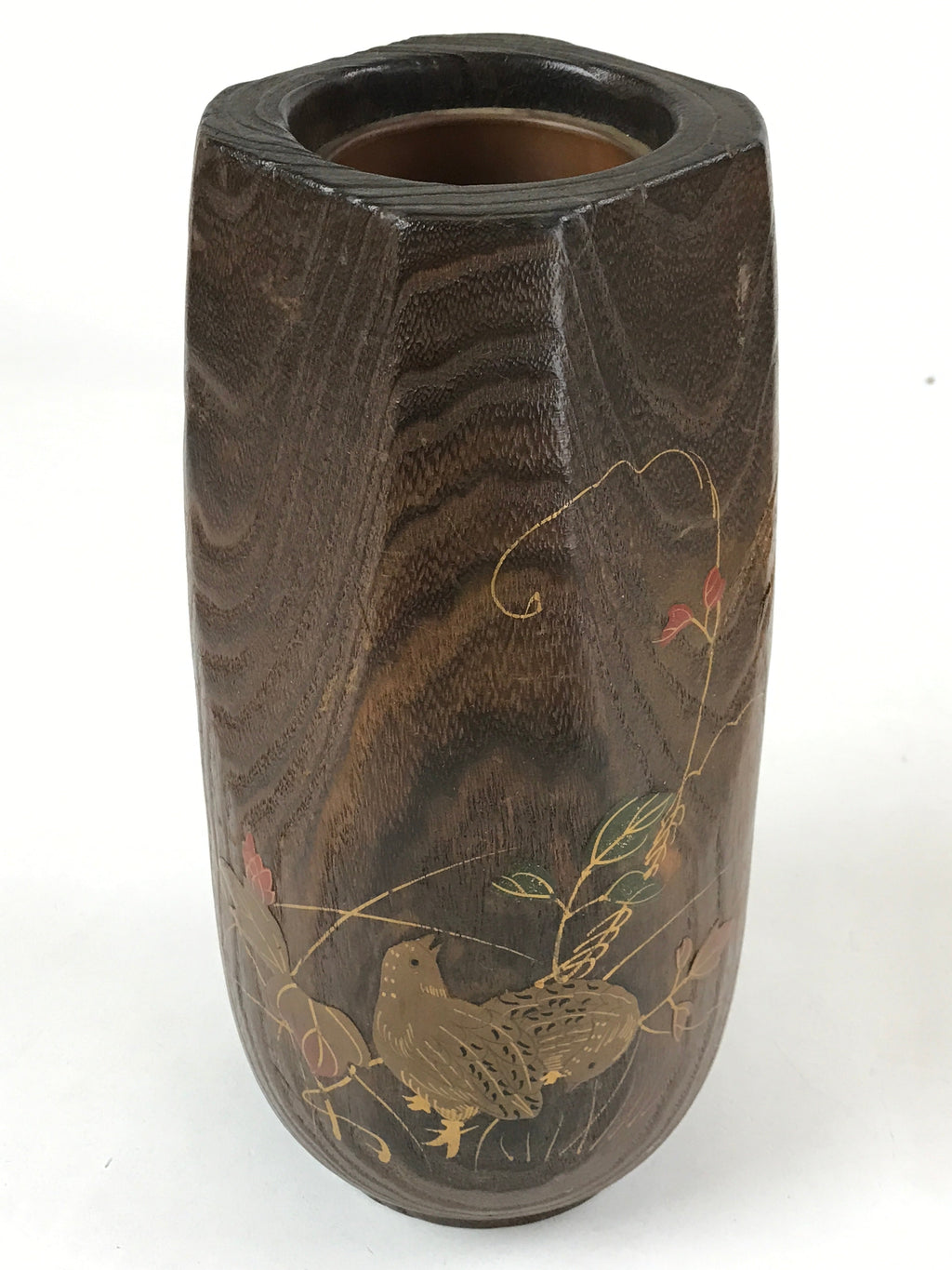 Japanese Wooden Flower Vase Kabin Vtg Ikebana Painted Birds Plants Brown FK86