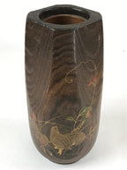 Japanese Wooden Flower Vase Kabin Vtg Ikebana Painted Birds Plants Brown FK86