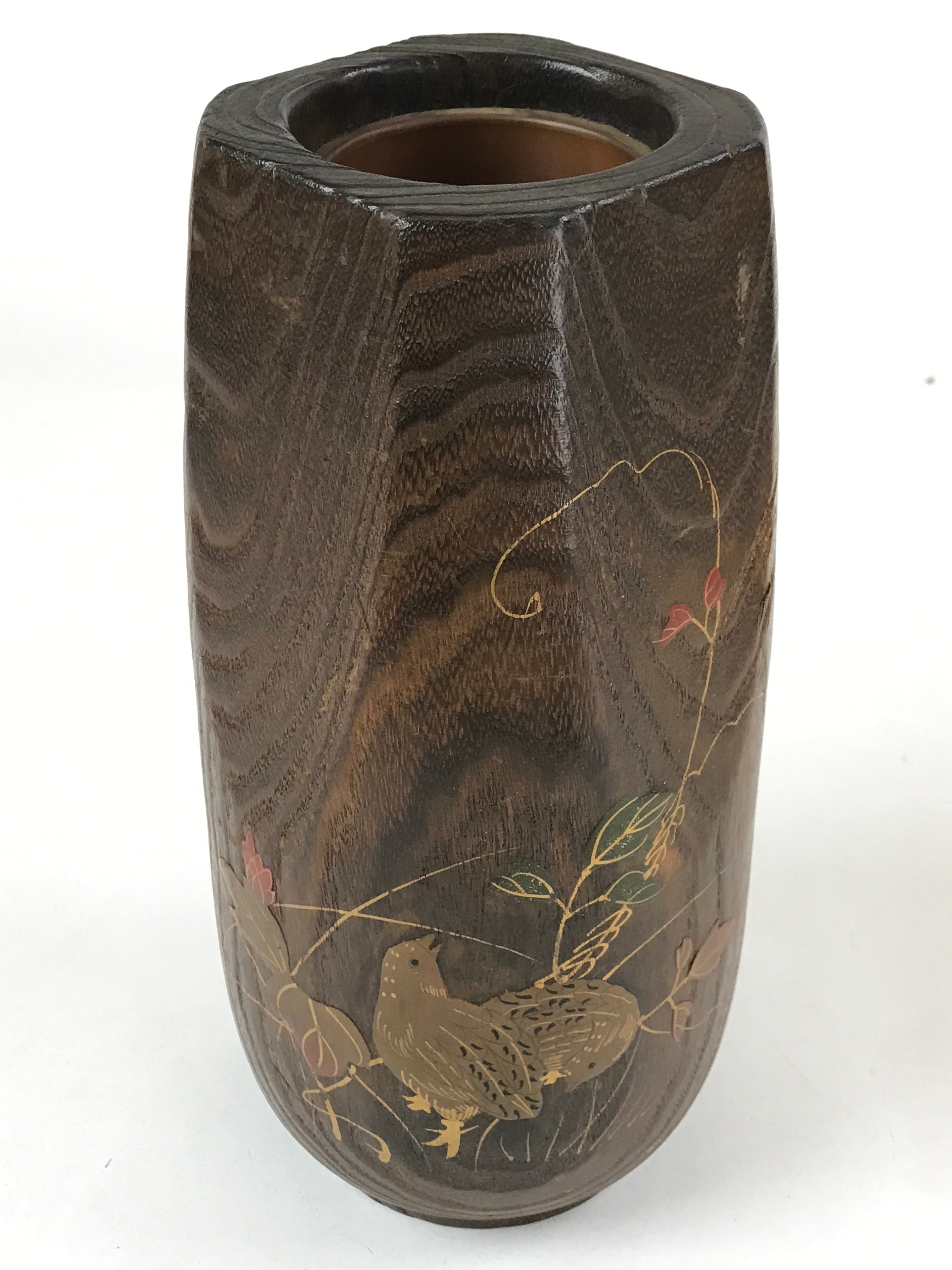 Japanese Wooden Flower Vase Kabin Vtg Ikebana Painted Birds Plants Brown FK86