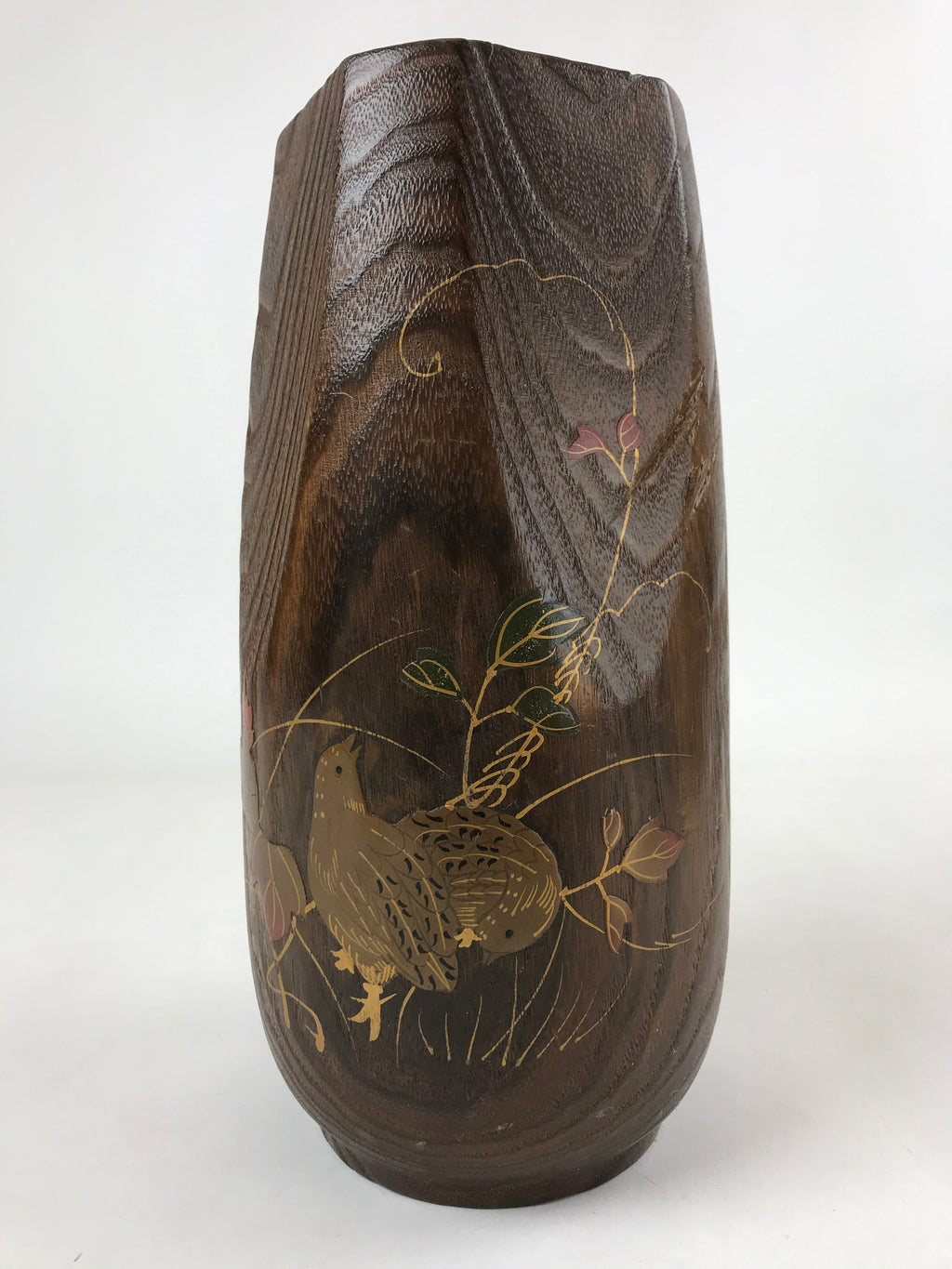 Japanese Wooden Flower Vase Kabin Vtg Ikebana Painted Birds Plants Brown FK86