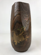 Japanese Wooden Flower Vase Kabin Vtg Ikebana Painted Birds Plants Brown FK86