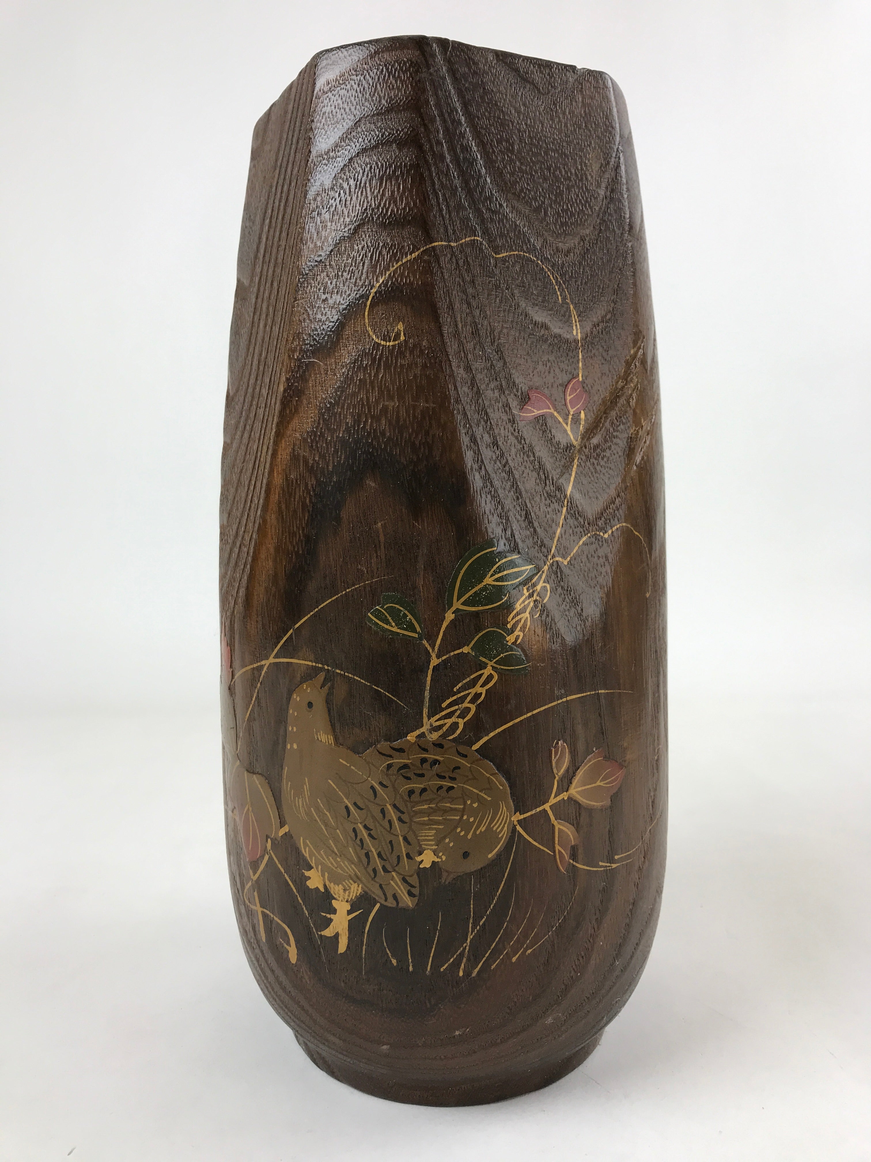 Japanese Wooden Flower Vase Kabin Vtg Ikebana Painted Birds Plants Brown FK86