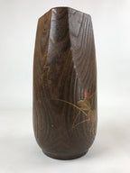 Japanese Wooden Flower Vase Kabin Vtg Ikebana Painted Birds Plants Brown FK86