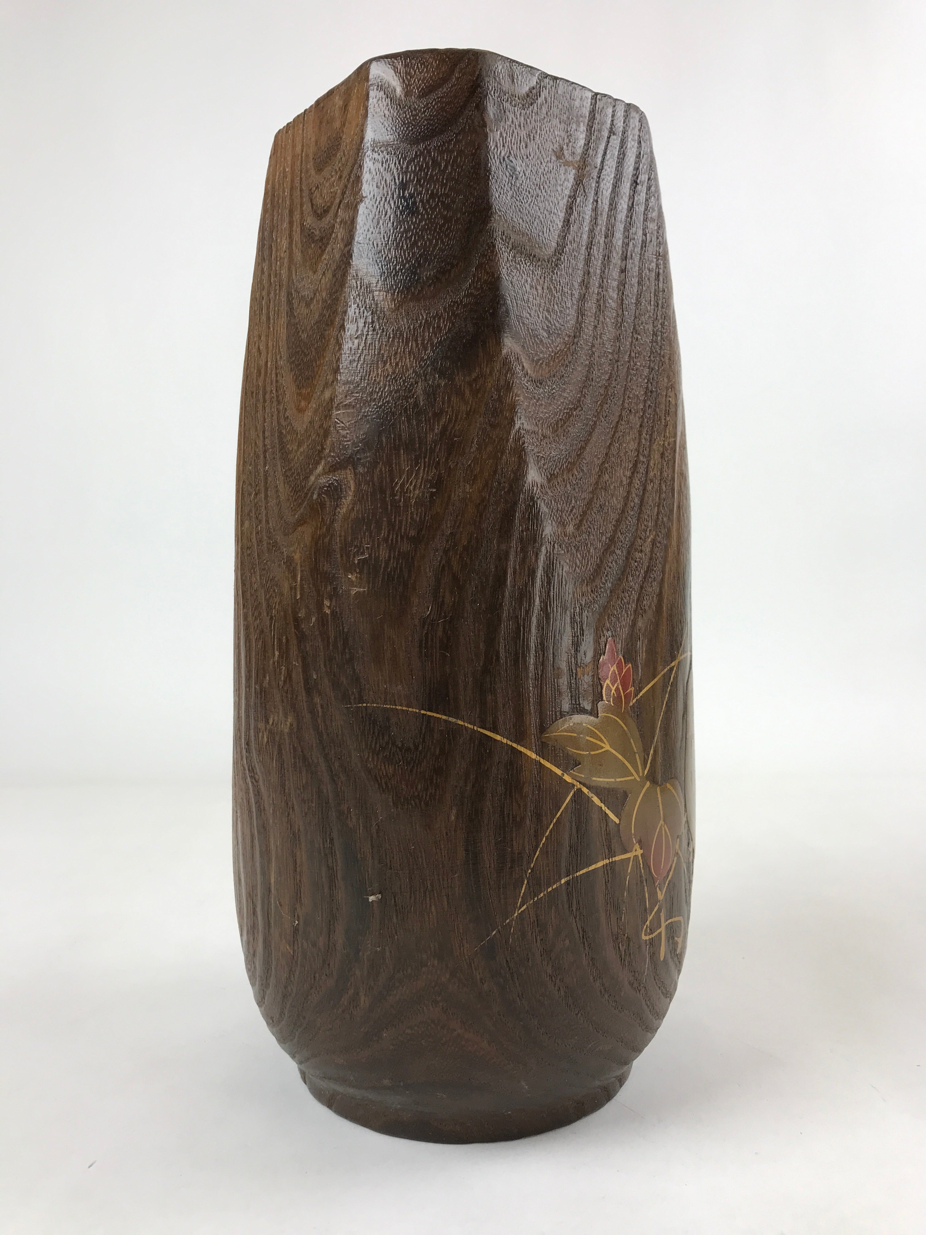 Japanese Wooden Flower Vase Kabin Vtg Ikebana Painted Birds Plants Brown FK86