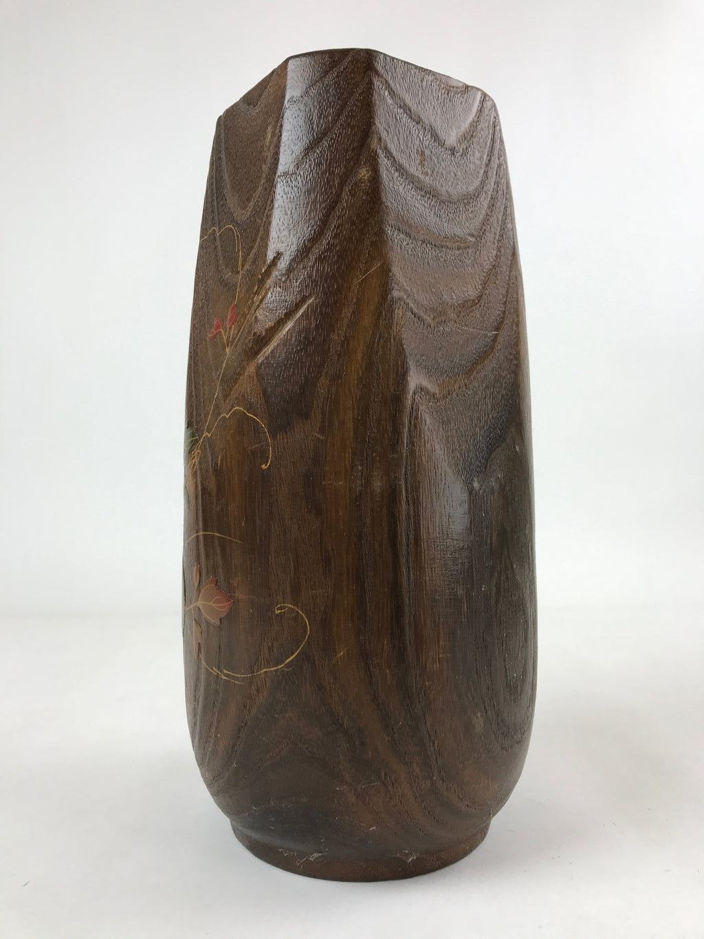 Japanese Wooden Flower Vase Kabin Vtg Ikebana Painted Birds Plants Brown FK86