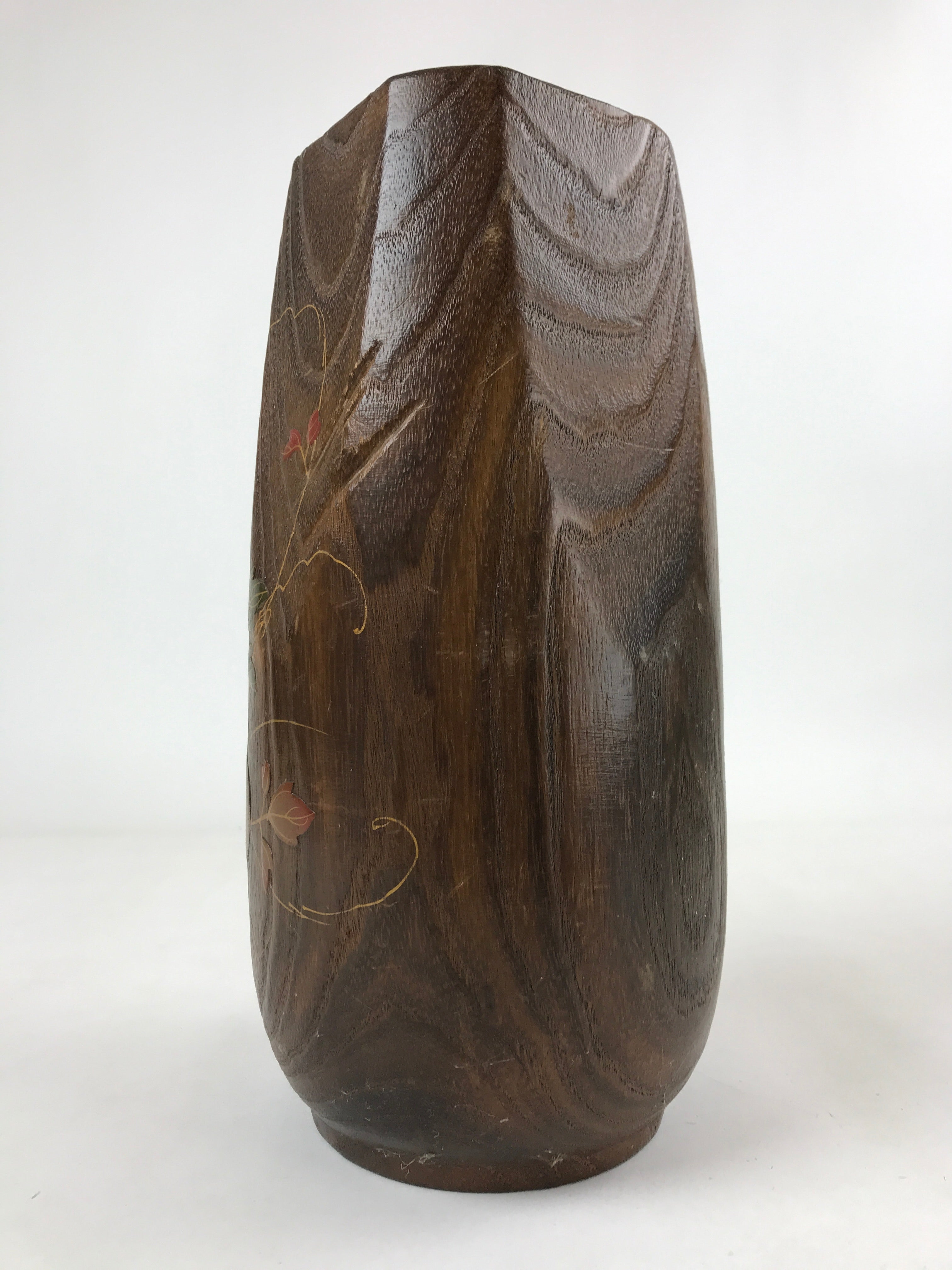 Japanese Wooden Flower Vase Kabin Vtg Ikebana Painted Birds Plants Brown FK86