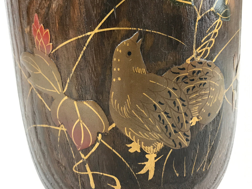Japanese Wooden Flower Vase Kabin Vtg Ikebana Painted Birds Plants Brown FK86