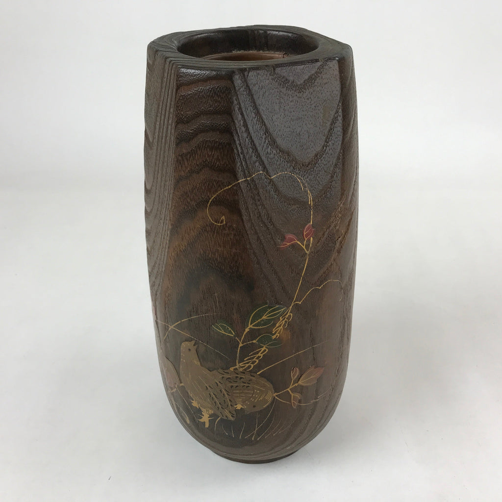 Japanese Wooden Flower Vase Kabin Vtg Ikebana Painted Birds Plants Brown FK86
