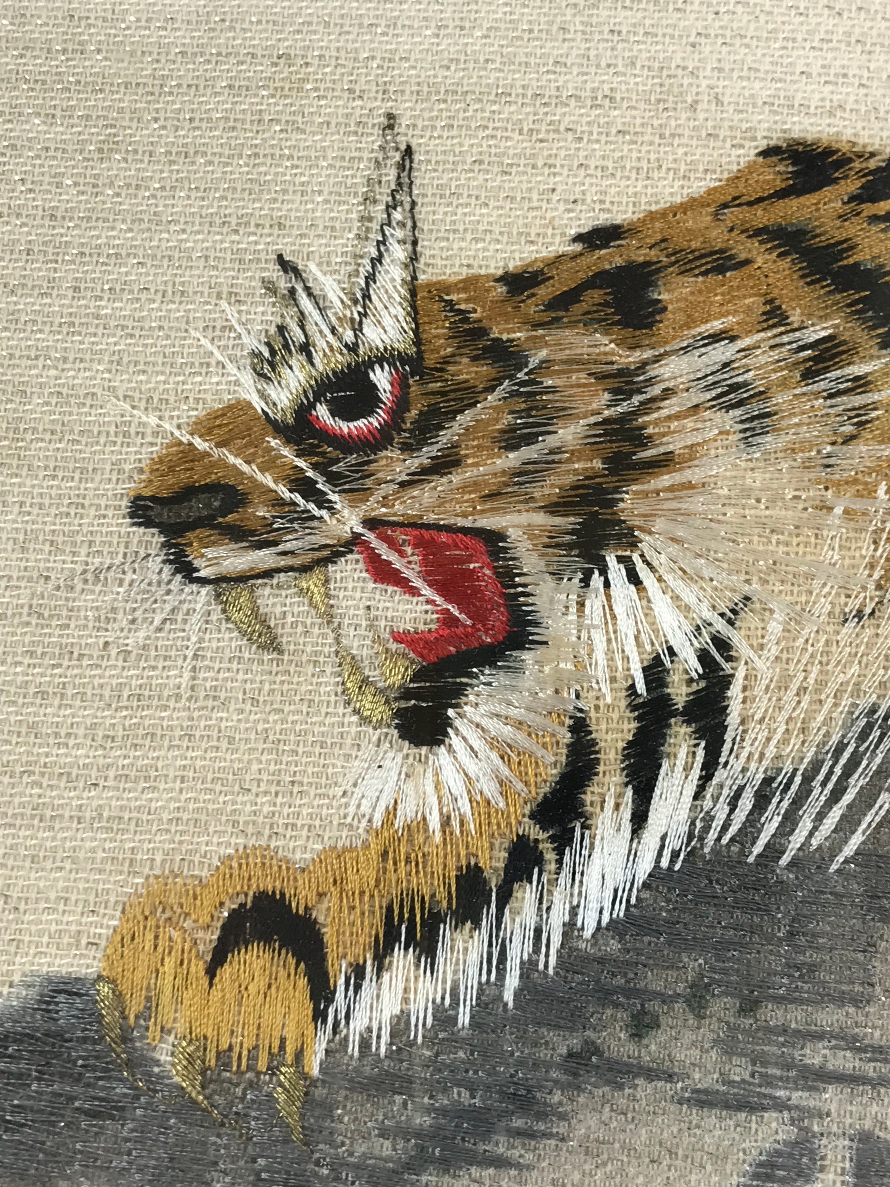 Japanese Wooden Framed Chinese Silk Brocade Tiger Art Vtg Hand Embroidered FR6