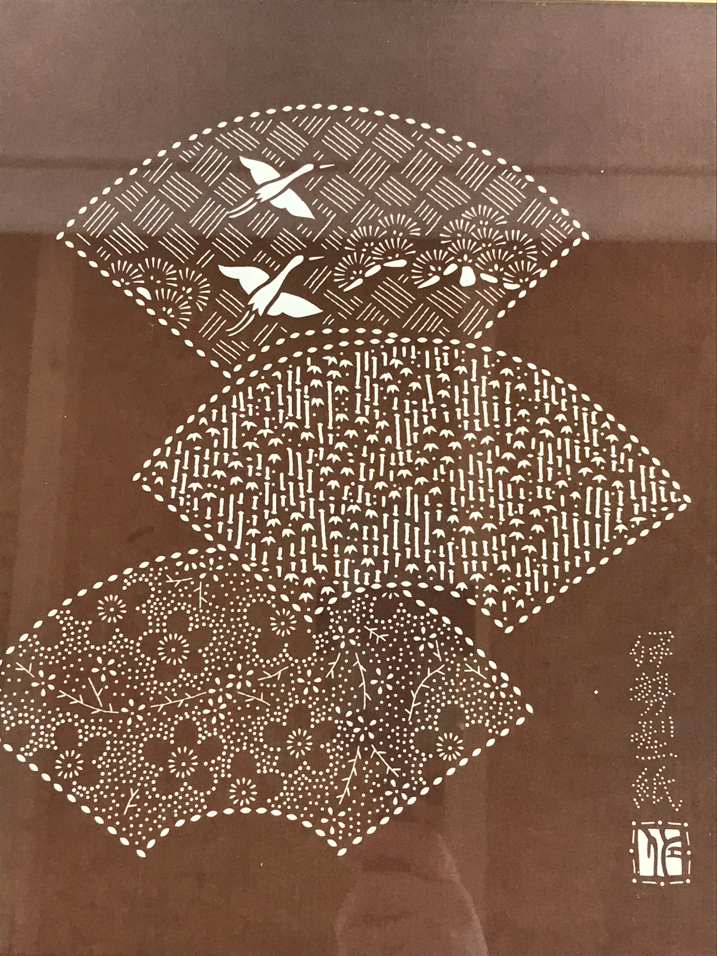 Japanese Wooden Framed Ise Katagami Vtg Kimono Stencil Shochikubai Fans FR7