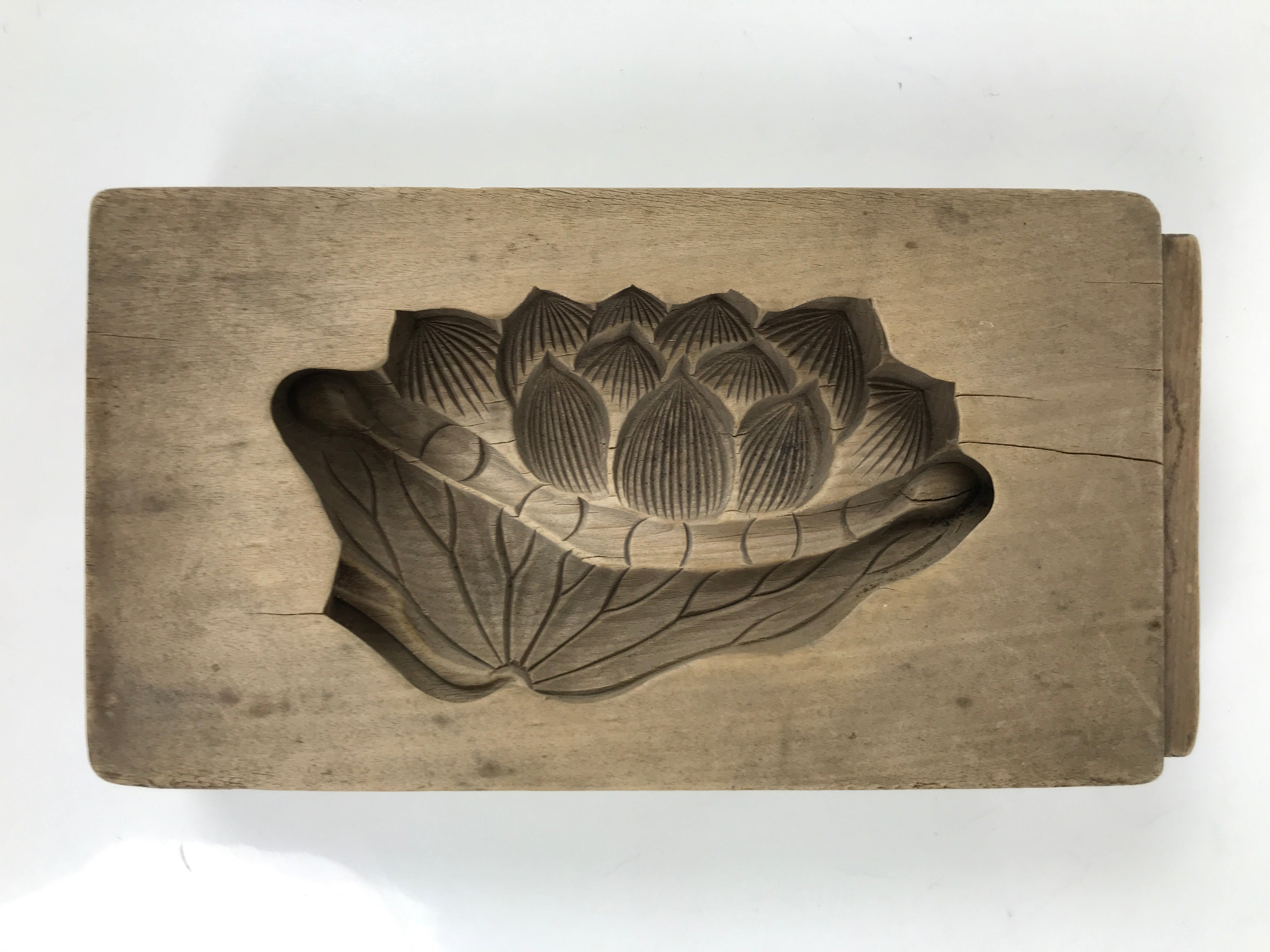 Japanese Wooden Kashigata Cake Mold Vtg Sweet Wagashi Lotus Flower Leaf Kg675