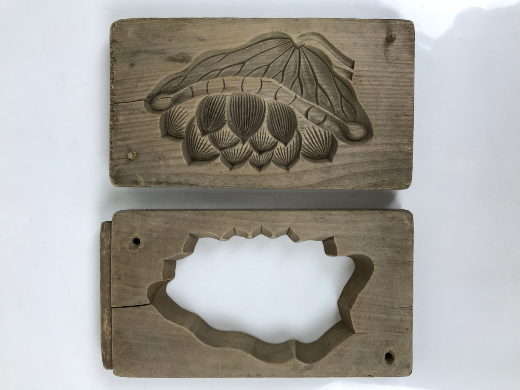 Japanese Wooden Kashigata Cake Mold Vtg Sweet Wagashi Lotus Flower Leaf Kg675