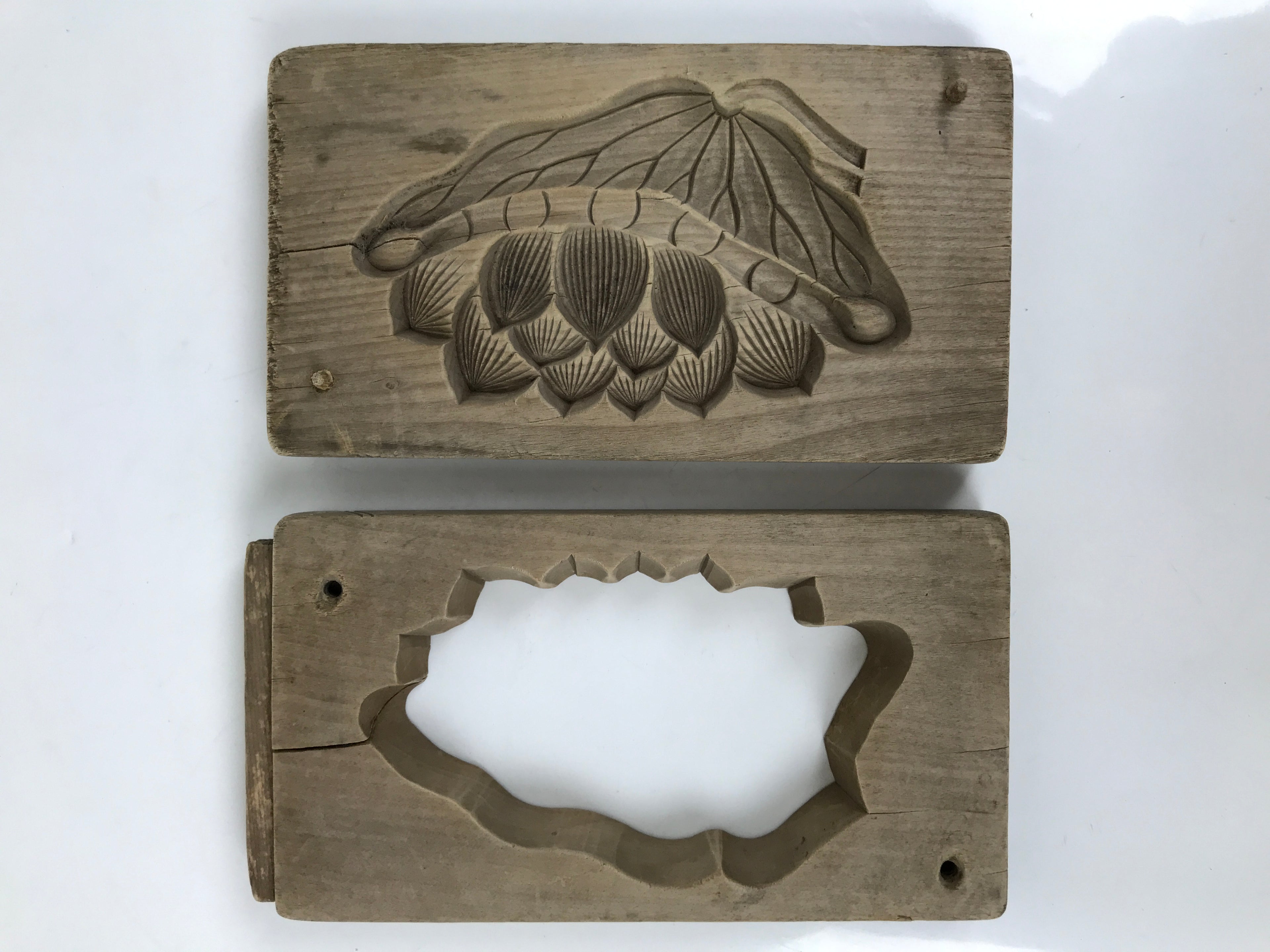 Japanese Wooden Kashigata Cake Mold Vtg Sweet Wagashi Lotus Flower Leaf Kg675