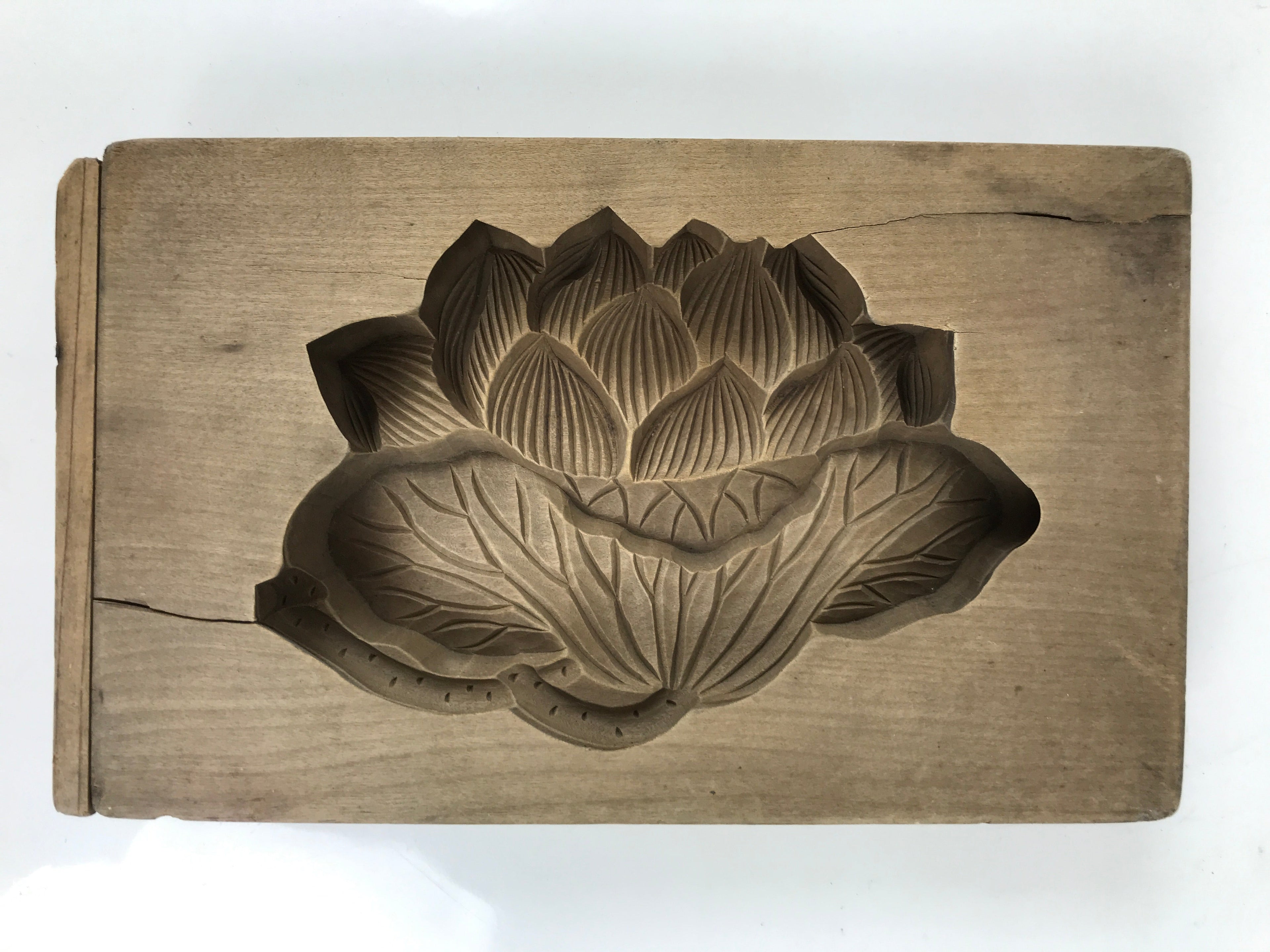 Japanese Wooden Kashigata Cake Mold Vtg Sweet Wagashi Lotus Flower Leaf Kg679