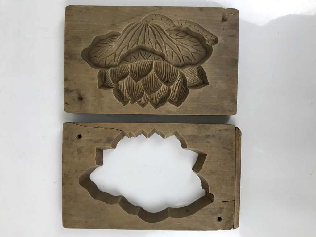Japanese Wooden Kashigata Cake Mold Vtg Sweet Wagashi Lotus Flower Leaf Kg679