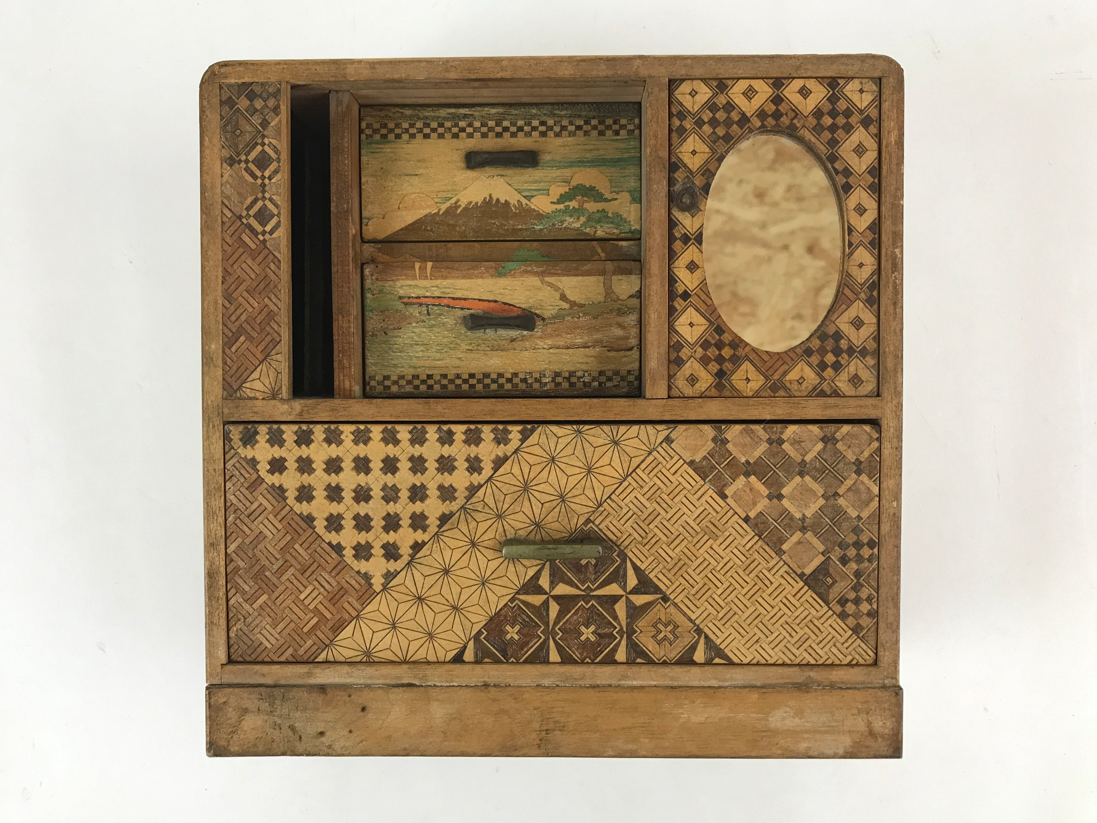 Japanese Wooden Keshobako Cosmetics Jewelry Box Vtg Yosegi-Zaiku 3 Drawers T351
