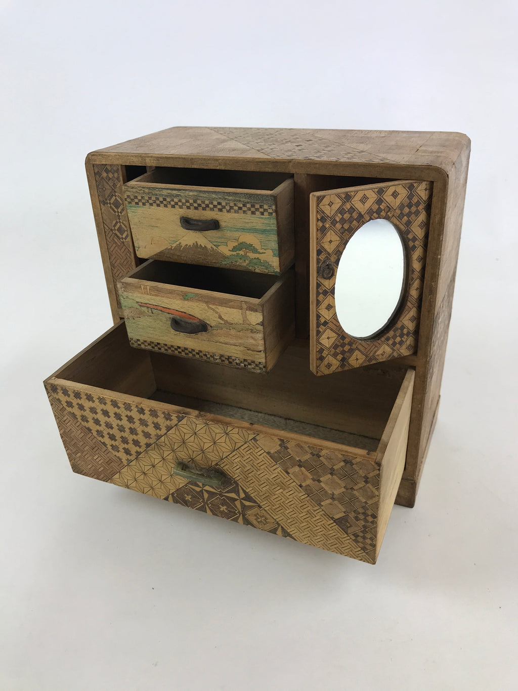 Japanese Wooden Keshobako Cosmetics Jewelry Box Vtg Yosegi-Zaiku 3 Drawers T351