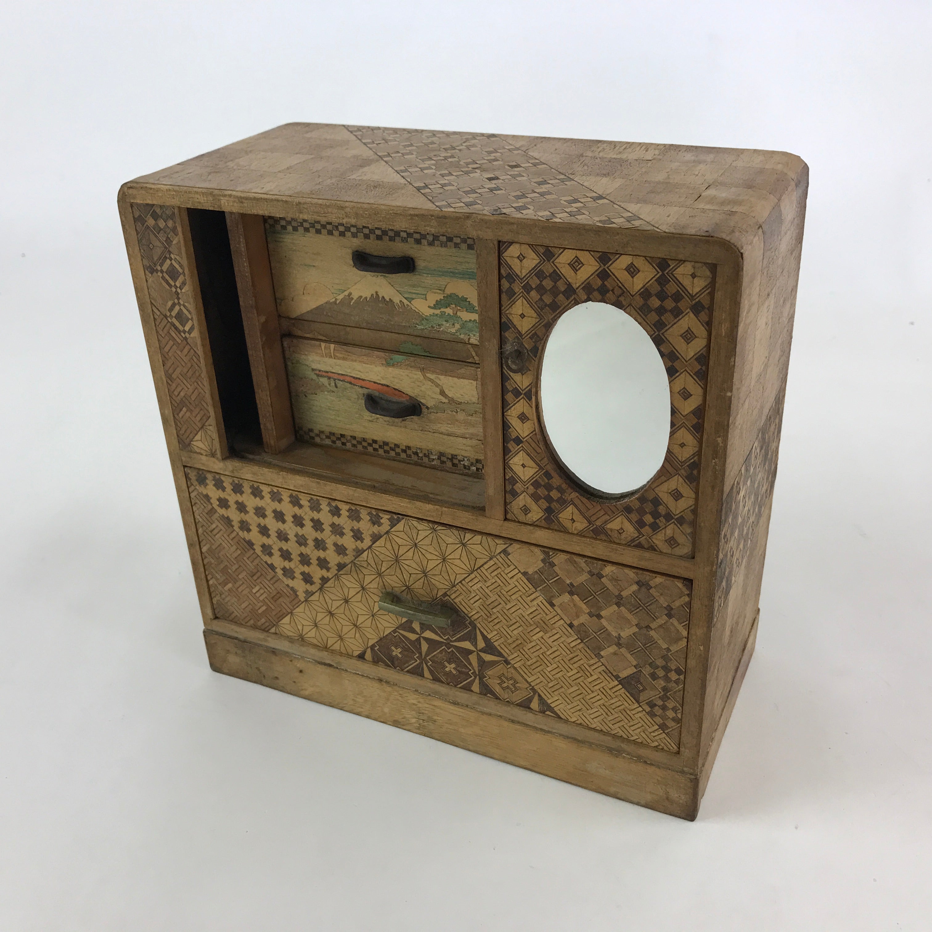 Japanese Wooden Keshobako Cosmetics Jewelry Box Vtg Yosegi-Zaiku 3 Drawers T351
