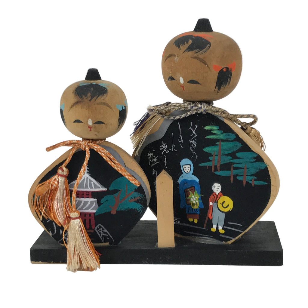 Japanese Wooden Kokeshi Doll Vtg 2 People Mount Koya Matsuo Basho Haiku KF755