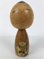 Japanese Wooden Kokeshi Doll Vtg Black Gold Plum Flower Traditional Craft KF785