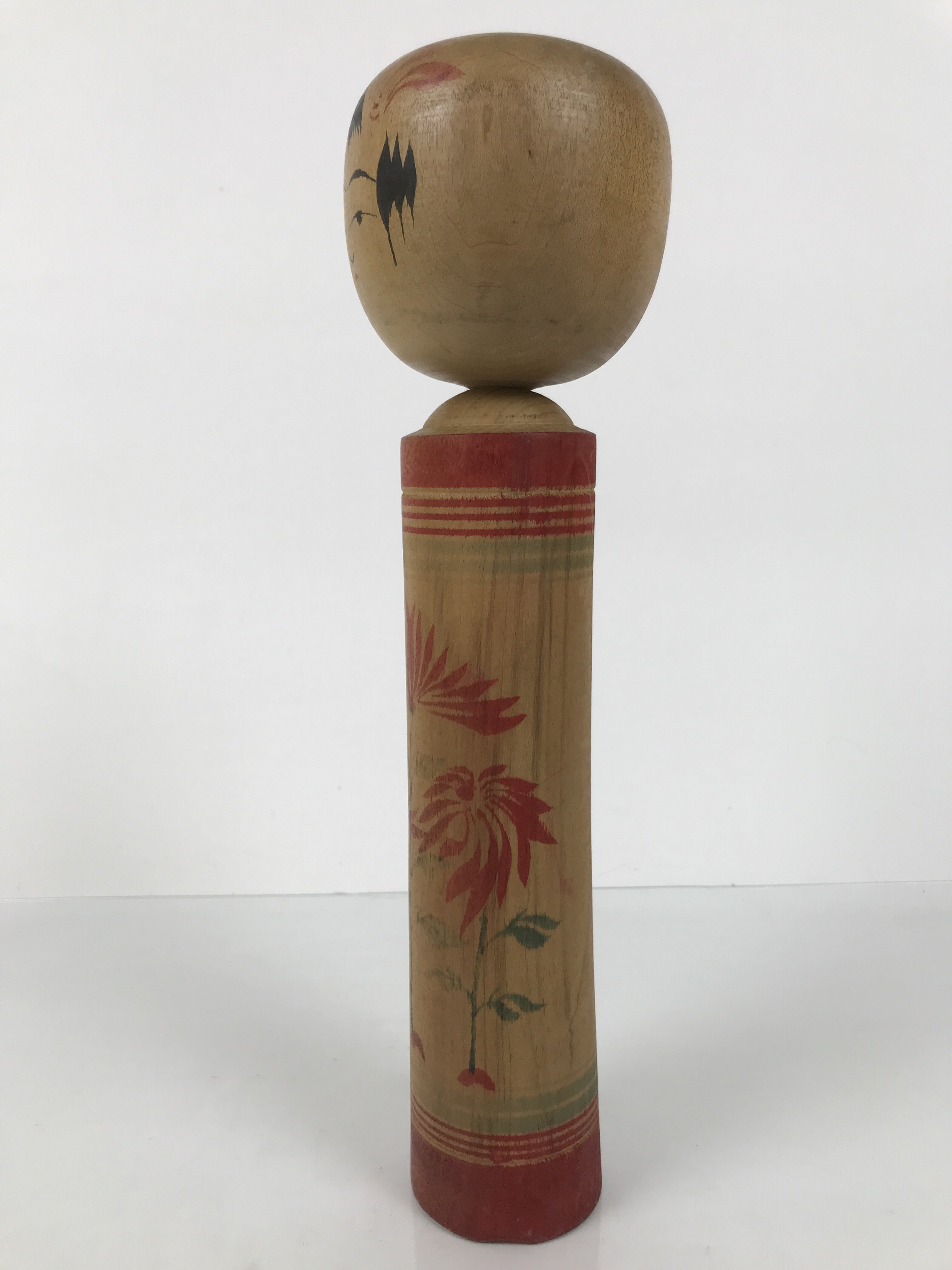 Japanese Wooden Kokeshi Doll Vtg Black Red Brown Traditional Craft Floral KF791
