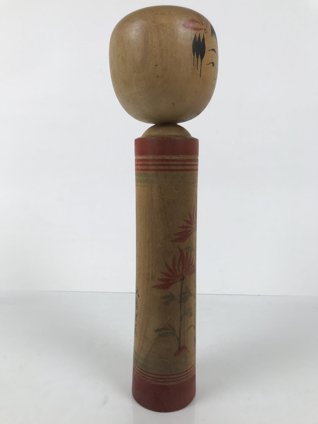 Japanese Wooden Kokeshi Doll Vtg Black Red Brown Traditional Craft Floral KF791