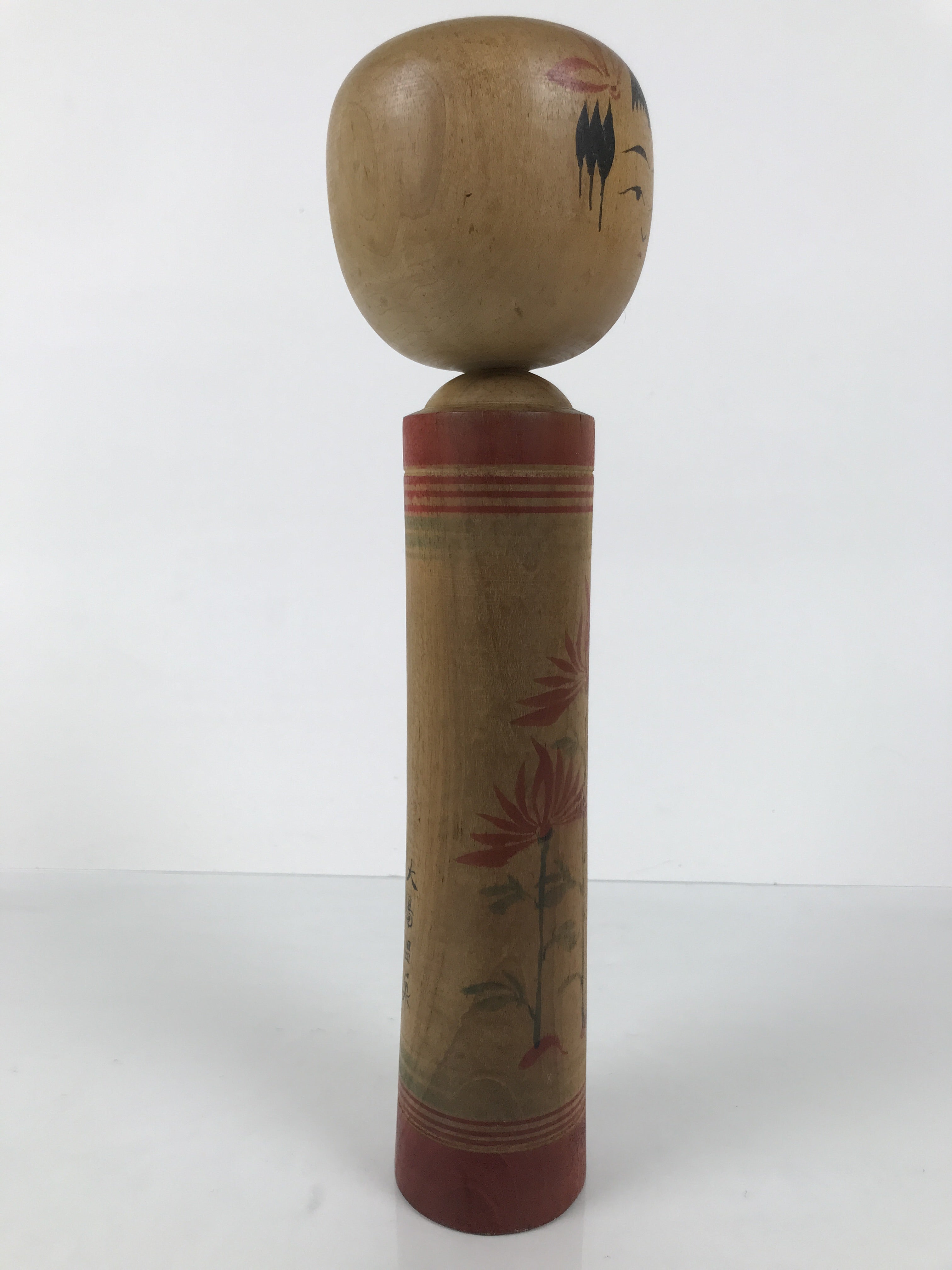 Japanese Wooden Kokeshi Doll Vtg Black Red Brown Traditional Craft Floral KF791