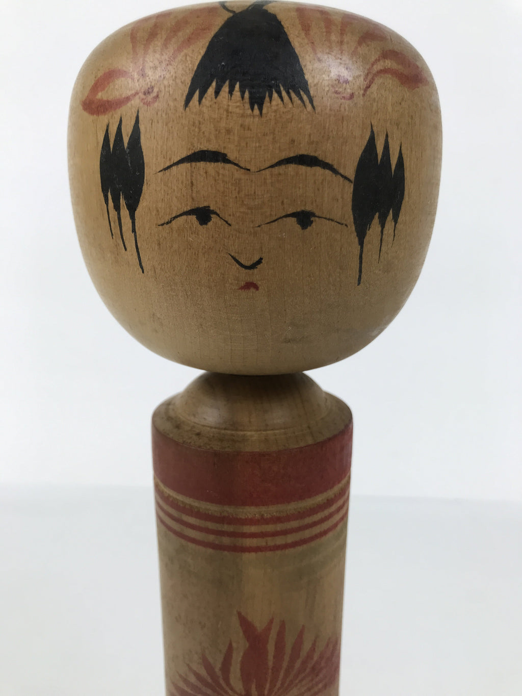Japanese Wooden Kokeshi Doll Vtg Black Red Brown Traditional Craft Floral KF791