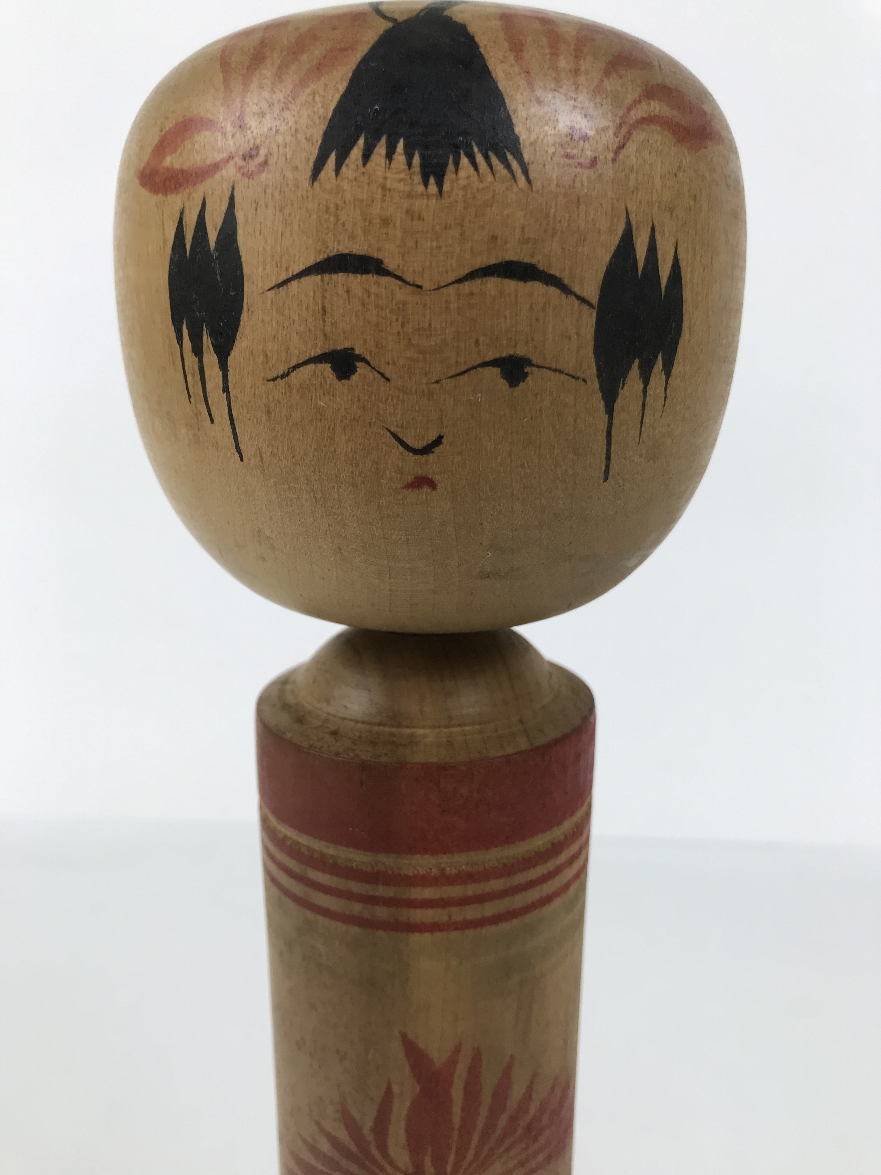 Japanese Wooden Kokeshi Doll Vtg Black Red Brown Traditional Craft Floral KF791