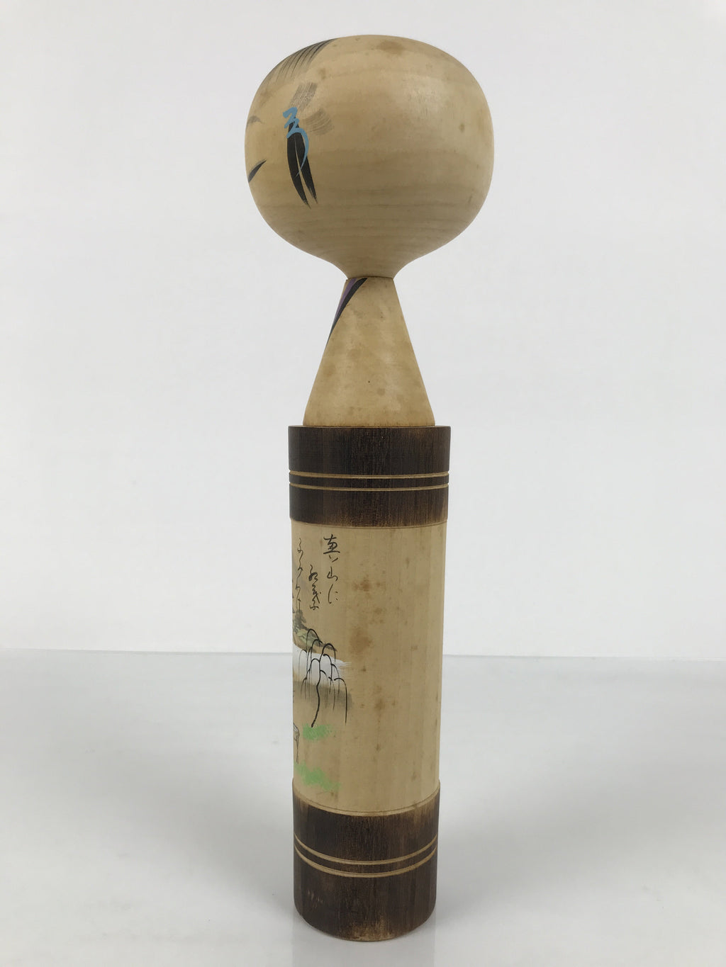 Japanese Wooden Kokeshi Doll Vtg Black Traditional Craft Poem Deer Autumn KF792