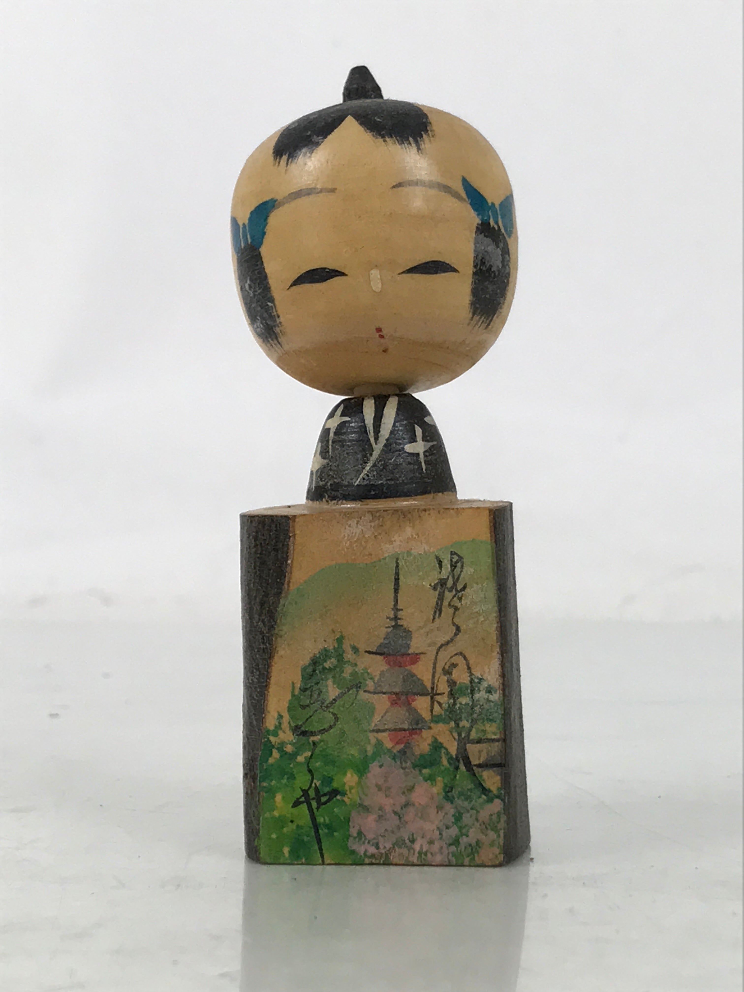 Japanese Wooden Kokeshi Doll Vtg Boy Figurine Blue Kimono Wobbly Head KF748