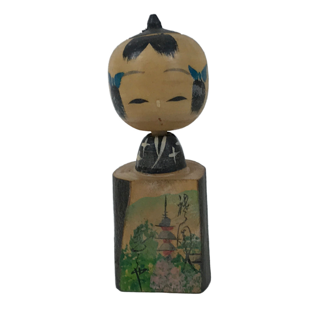 Japanese Wooden Kokeshi Doll Vtg Boy Figurine Blue Kimono Wobbly Head KF748