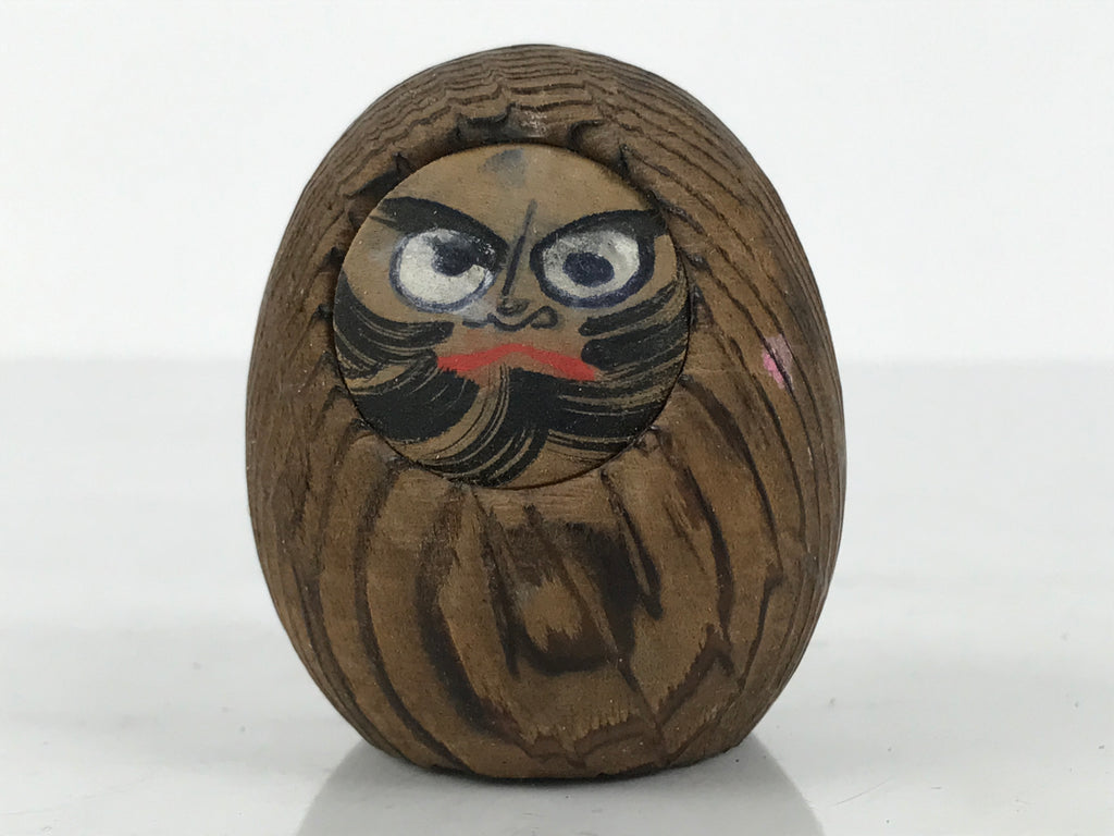 Japanese Wooden Kokeshi Doll Vtg Daruma Figurine Round Brown Black Grain KF814