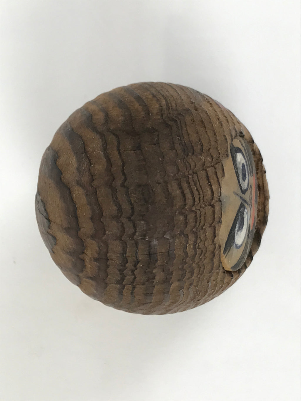 Japanese Wooden Kokeshi Doll Vtg Daruma Figurine Round Brown Black Grain KF814