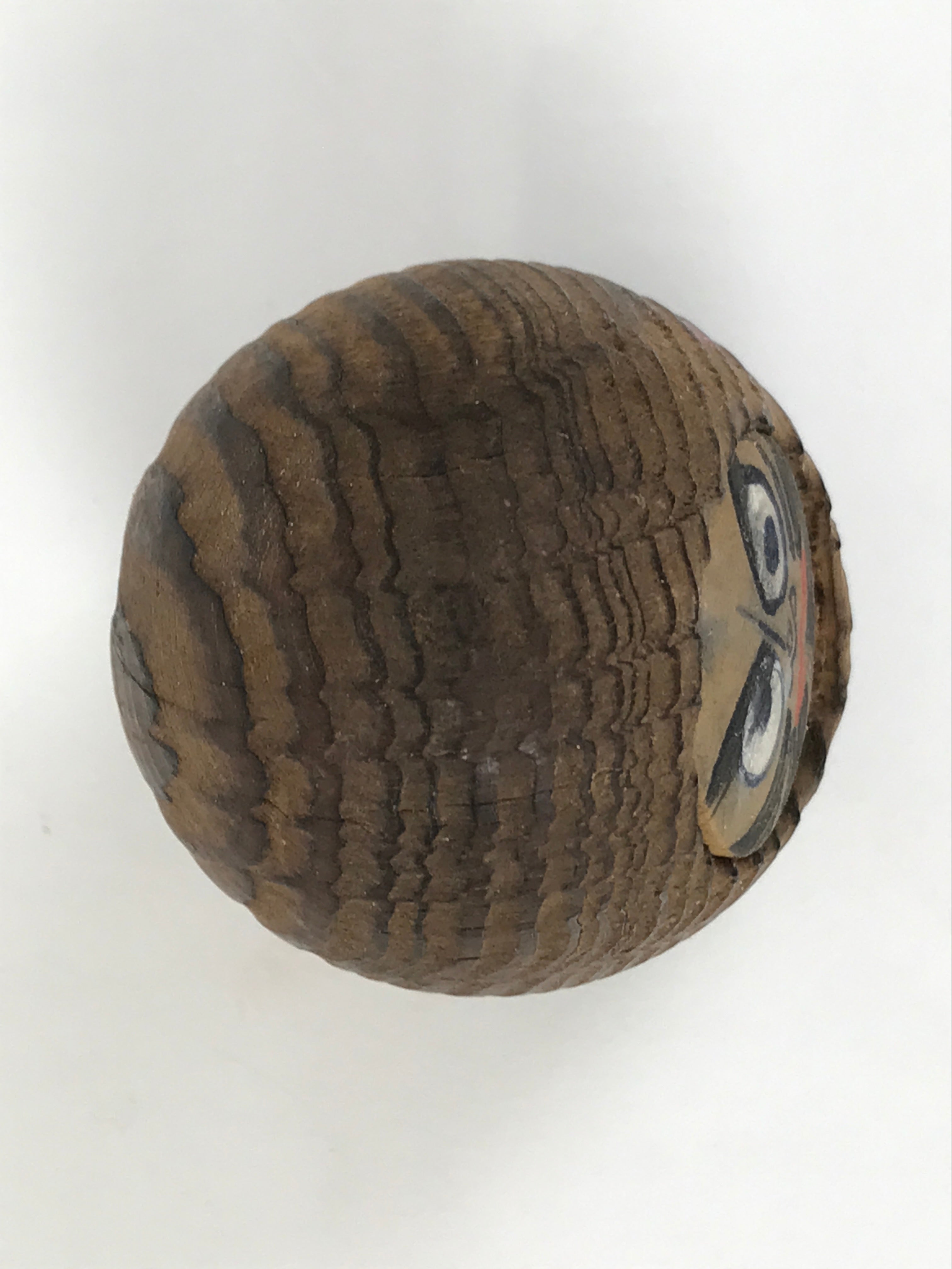 Japanese Wooden Kokeshi Doll Vtg Daruma Figurine Round Brown Black Grain KF814