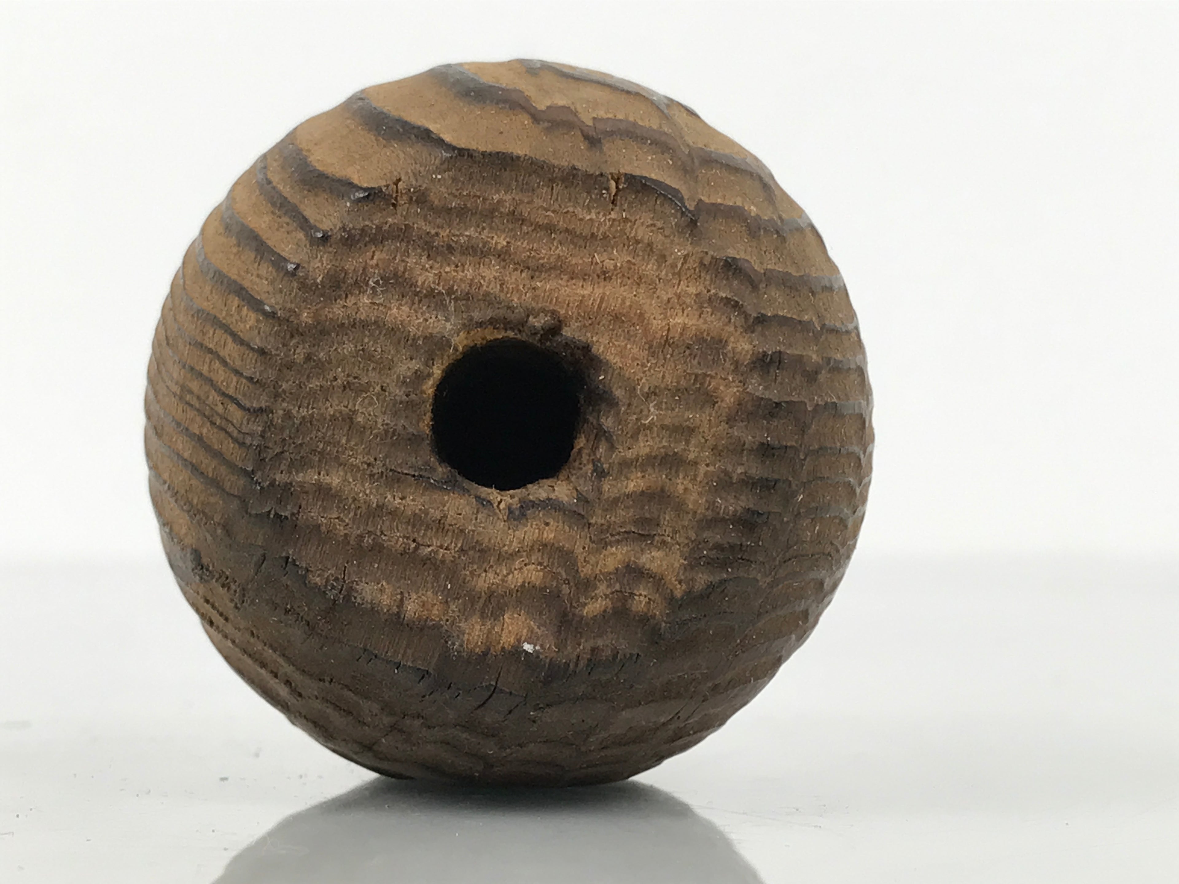 Japanese Wooden Kokeshi Doll Vtg Daruma Figurine Round Brown Black Grain KF814