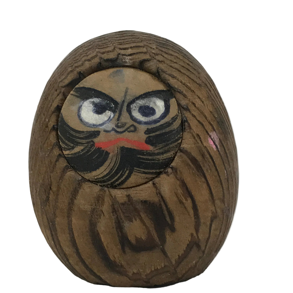 Japanese Wooden Kokeshi Doll Vtg Daruma Figurine Round Brown Black Grain KF814