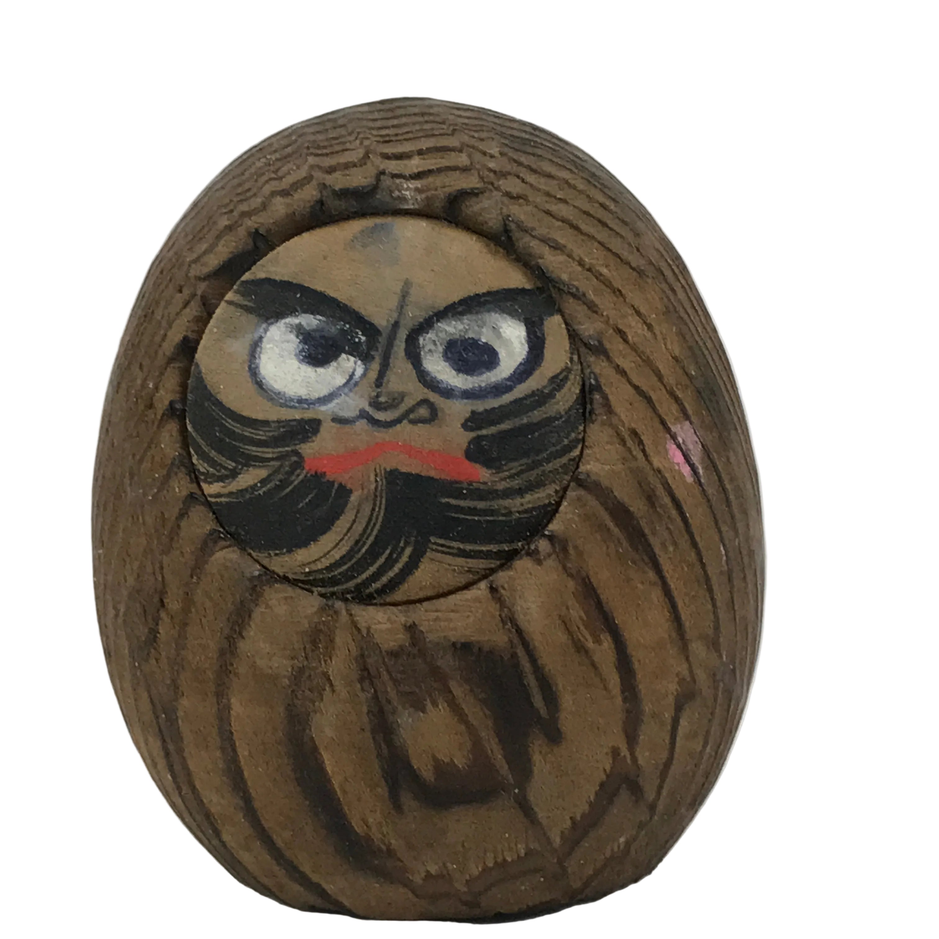 Japanese Wooden Kokeshi Doll Vtg Daruma Figurine Round Brown Black Grain KF814