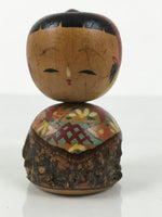 Japanese Wooden Kokeshi Doll Vtg Figurine Wobbly Apple Head Bark Floral KF805