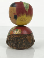 Japanese Wooden Kokeshi Doll Vtg Figurine Wobbly Apple Head Bark Floral KF805
